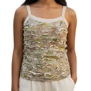 EXPRESS Dove Gray Mesh Ruffled Tiered Ribbon Trim Tank Top EUC Size XS